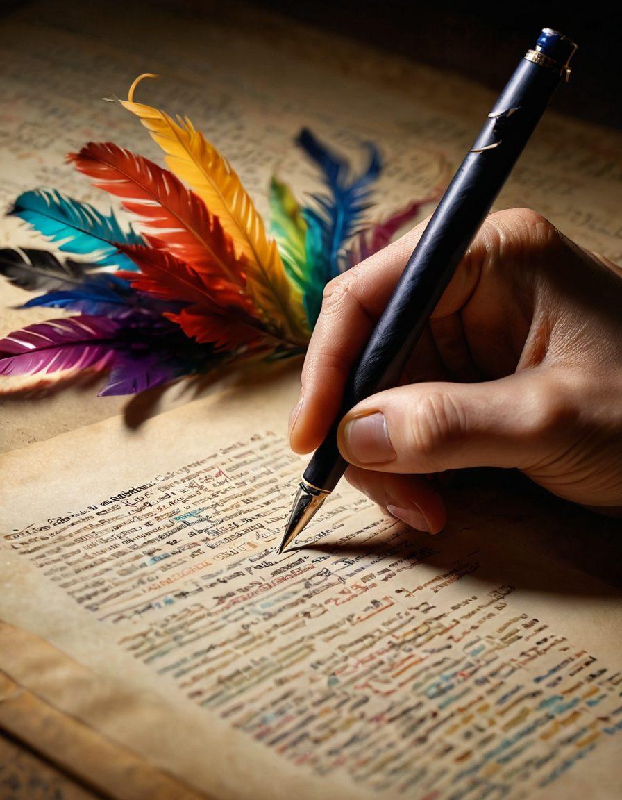 An elegant quill pen poised above a parchment filled with bold, colorful words that evoke taboo themes, surrounded by shadows and whispers. In the background, a blurred figure writing passionately, symbolizing the struggle and beauty in discussing controversial topics. The image should evoke a sense of mystery and creativity. super-realistic. vibrant colors. dim lighting.