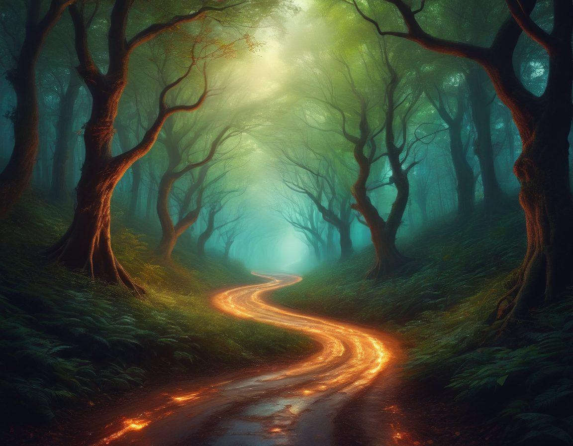 An artistic depiction of a winding road through a mysterious forest, with bold, provocative symbols subtly integrated into the trees and paths. A soft, glowing light emanates from an unseen source, casting ethereal silhouettes of diverse people engaged in creative writing. The atmosphere is enchanting yet slightly edgy, inviting exploration of taboo themes. vibrant colors. surrealism. digital art.
