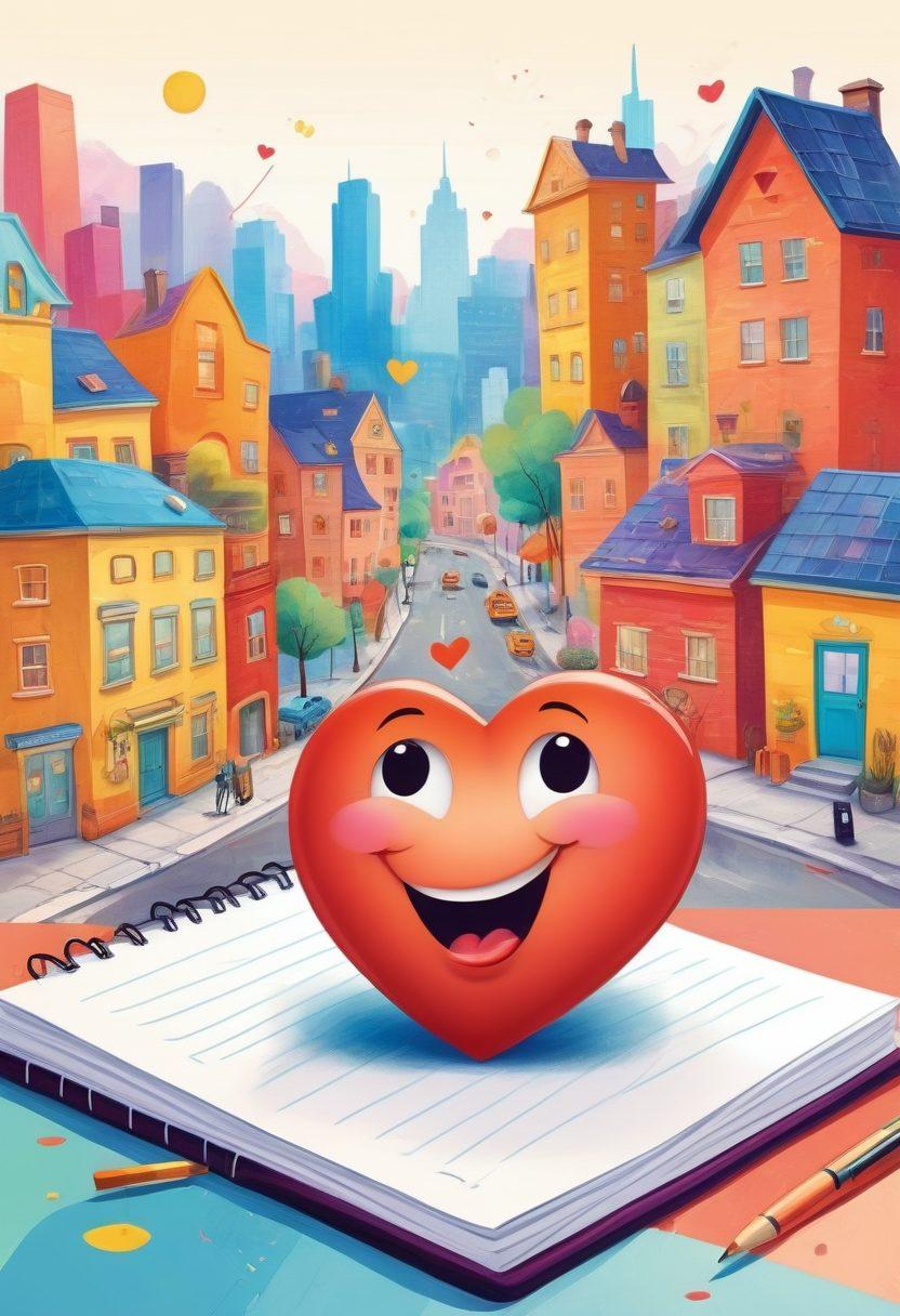 A whimsical cartoon illustration featuring a heart and a laughing emoji engaging in a friendly conversation. The background showcases abstract representations of adult life, like a busy cityscape and cozy home environments. A notebook with a pen lies open, symbolizing storytelling and reflection. Bright, cheerful colors are used to evoke warmth and humor. vector art. vibrant colors.